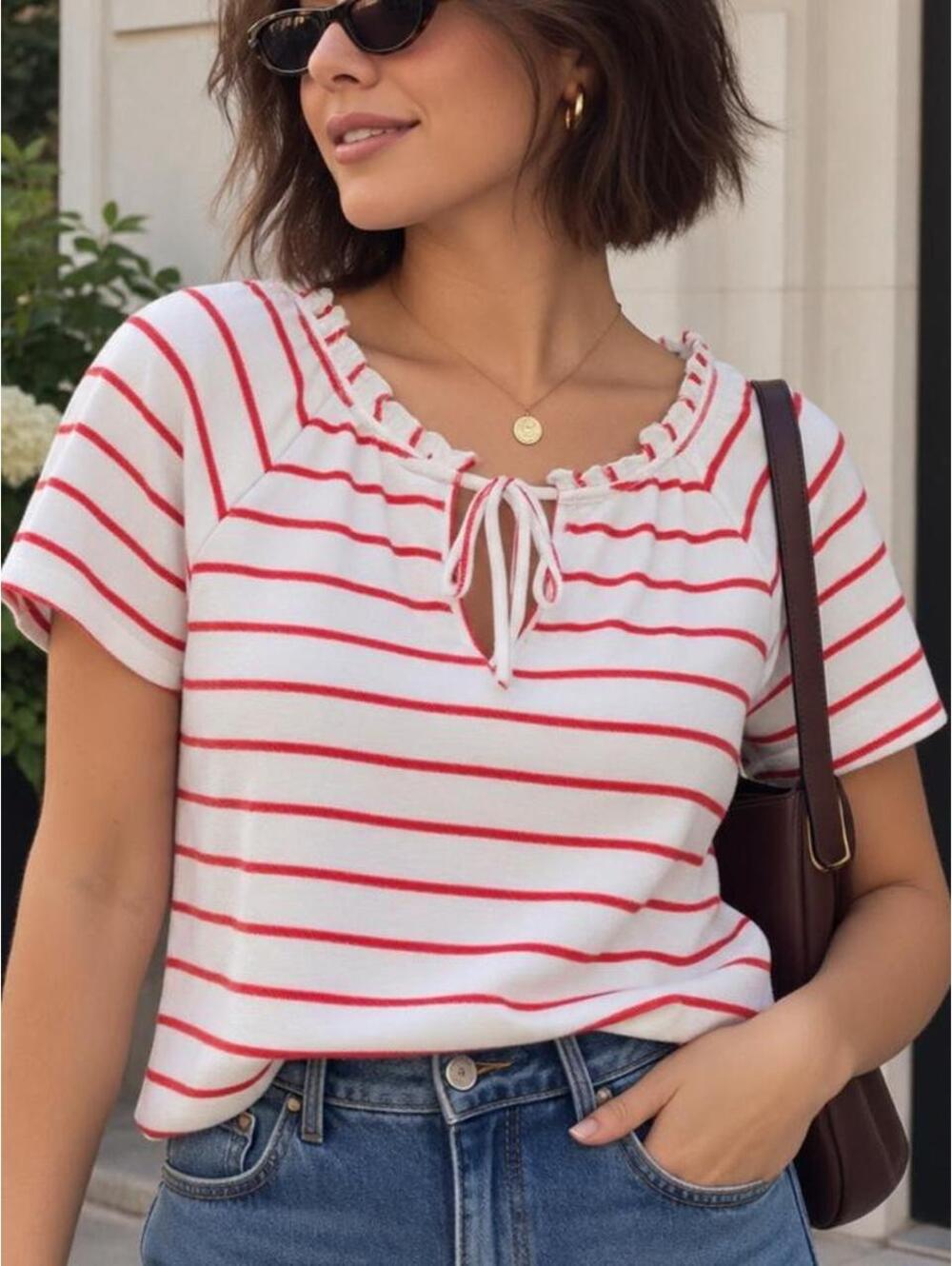 Cato Red White Striped Ruffle Tie Neck Top Size M
